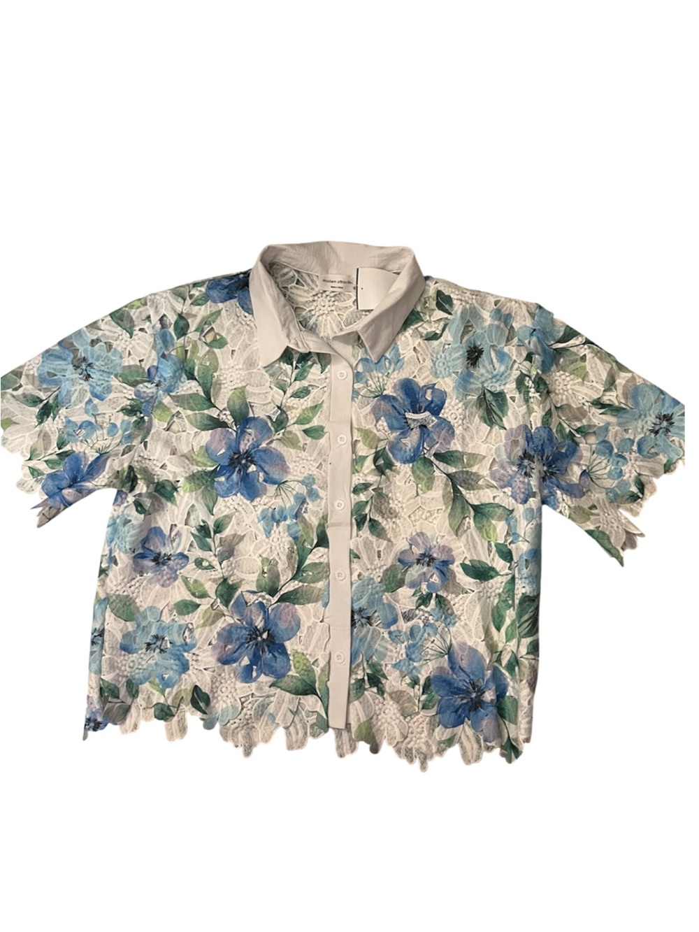 Floral Lace Button-Up Top - White with Blue & Green Flowers. Sz L